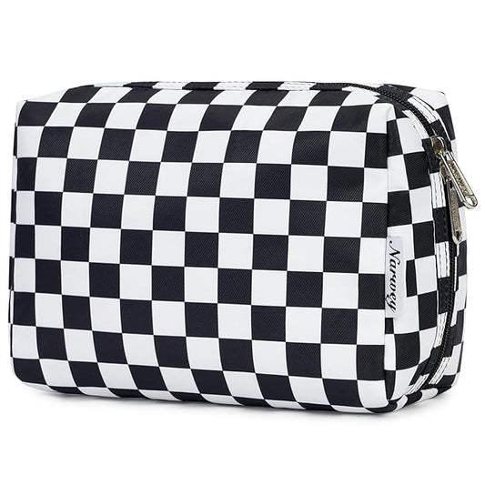 Narwey Checkered Makeup Bag Travel Cosmetic Bag Organizer Toiletry Bag Make Up Bags with Compartments for Women Girls (Large, Black Checkerboard)