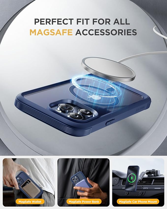 Miracase Magnetic for iPhone 12 Pro Max Case [Compatible with MagSafe] Full-Body Phone case with Built-in Glass Screen Protector& Camera Protector, Military Drop Proof 12 Pro Max Cover, Blue