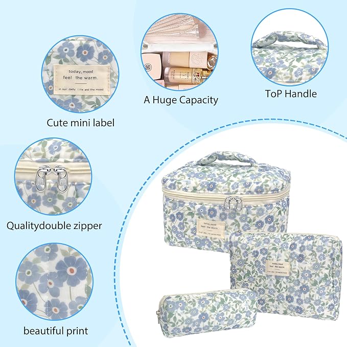 3 Piece Blue Cute Floral Cotton Quilted Makeup Bag Set, Large Capacity Travel Makeup Bags for Women and Girls, Includes Small, Medium, and Extra Large aesthetic makeup&Cosmetic Bags (3pcs-DitsyFloral)