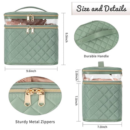 OCHEAL Large Makeup Bag, Double Layer Makeup Bag, Vertical Storage Cosmetic Case for Women/Girls with Multiple Compartments-Green