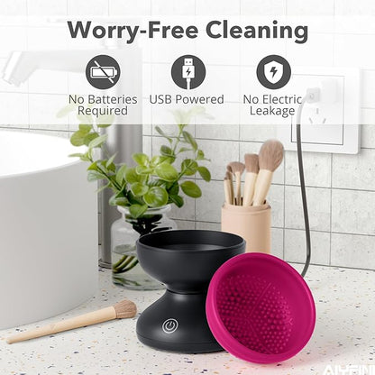 Alyfini Electric Makeup Brush Cleaner Machine, Powerful Friction Removes Residue on Make up Brushes Set/Sponge/Powder Puffs, Efficient Cleaning, Portable Spinning Washer, Save Cleanser & Shampoo