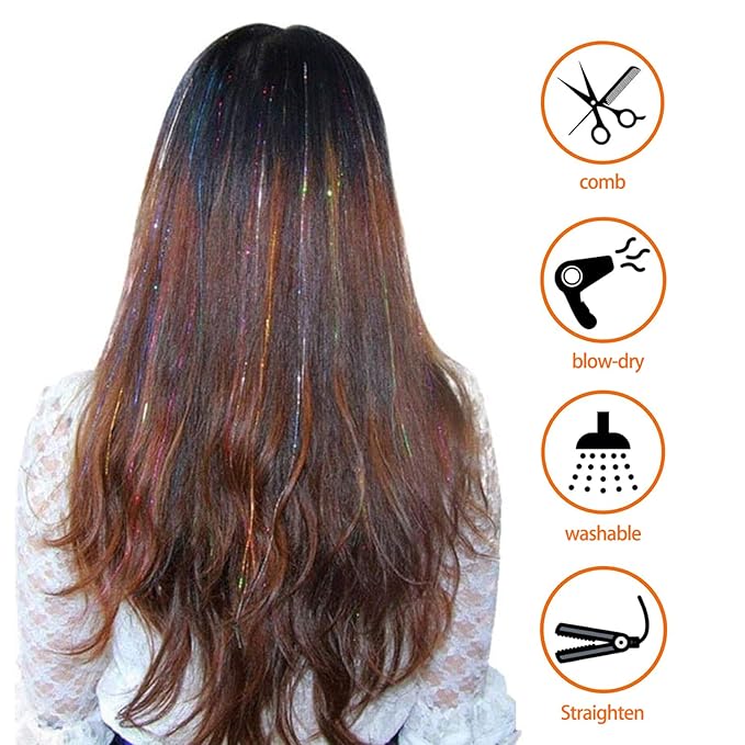 12PCS Tinsel Hair Extensions Glitter Hair Extension Clip in Gold Sparkling Fairy Hair Tinsel Kit Shiny Highlights Colorful Heat Resistant Hair Accessories for Girls Xmas New Year Party-Red