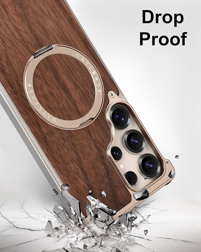 OATSBASF Magnetic Wood Case Compatible with Samsung Galaxy S25 Ultra, [Natural Wood & Aluminum] Shockproof Protective Cover Unique Wooden Case with 360° Ring Stand, Desert Titanium