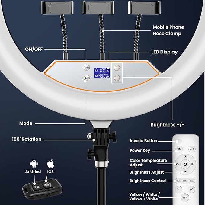 22in Large Ring Light with Stand,512pcs Bulbs Big Ring Light with 75" Tripod for iPhone/LED Display/4 Clips/2 USB Ports,2600K-6500K Dimmable Barber Light,for TikTok Video Recording Tattoo Lash Makeup