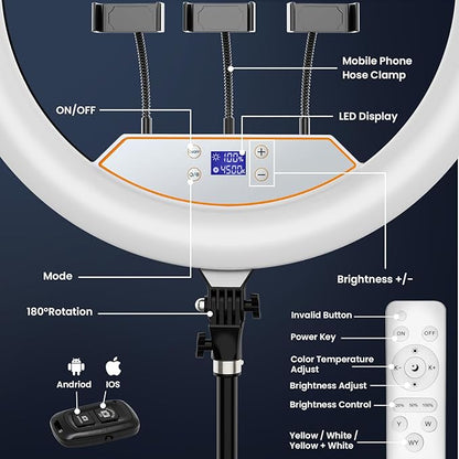 22in Large Ring Light with Stand,512pcs Bulbs Big Ring Light with 75" Tripod for iPhone/LED Display/4 Clips/2 USB Ports,2600K-6500K Dimmable Barber Light,for TikTok Video Recording Tattoo Lash Makeup