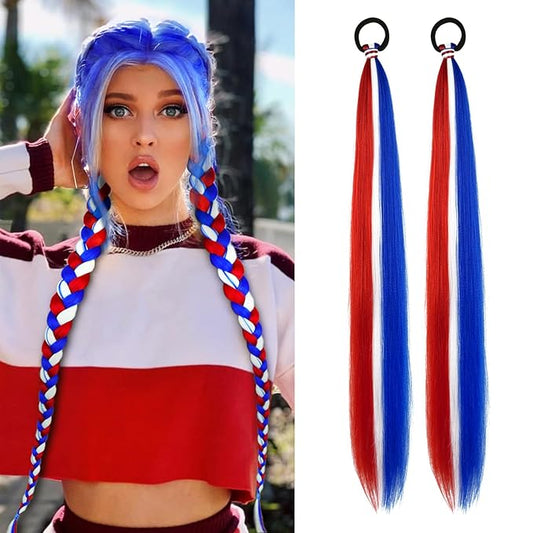2 Pack Braid Ponytail Extension with Elastic Tie Straight Sleek Wrap Around Extensions Hair Ponytail Extension 26 Inch (Red/White/Blue#)