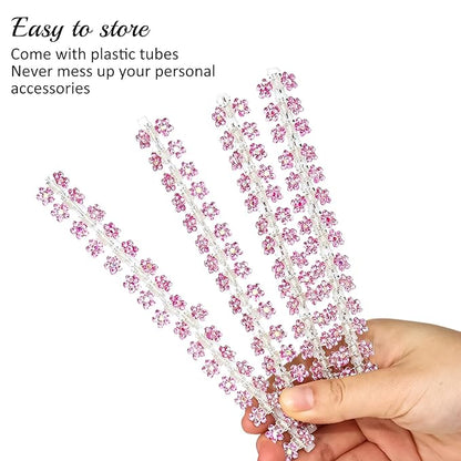 65PCS Mini Pink Flower Hair Clips with Rhinestone Mini Glitter Teeth Rhinestone Flower Hair Accessories - No-Slip Grip Metal Jaw Clamps for Girls Women (Silver-Pink Crystal)