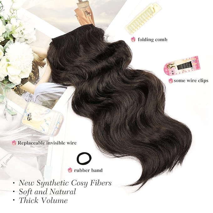 MORICA Invisible Wire Hair Extensions - 20 Inch Dark Brown Long Wavy Synthetic Hairpiece with Transparent Wire Adjustable Size, 4 Secure Clips for Women