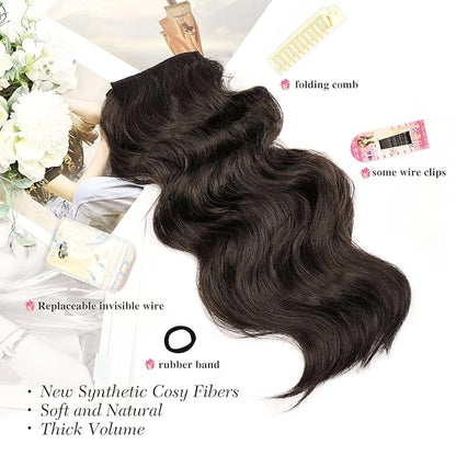 MORICA Invisible Wire Hair Extensions - 20 Inch Dark Brown Long Wavy Synthetic Hairpiece with Transparent Wire Adjustable Size, 4 Secure Clips for Women