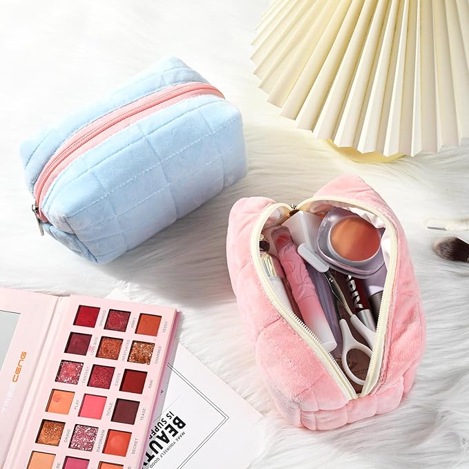 2 Pieces Makeup Bag Cute Cosmetic Bag Plush Pink Blue Checkered Makeup Pouch Coquette Travel Toiletry Bag Organizer Fluffy Makeup Brushes Puffy Storage Bag for Women