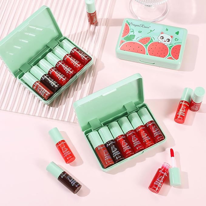 6 Colors Watermelon Lip Tint Stain Set, Korean Velvet Watery Lip Tint Moisturizing Mini Liquid Lip Gloss Lipstick, Multi-Use Lip and Cheek Tint, Long-Lasting, Vivid Color, Lightweight, High Pigment