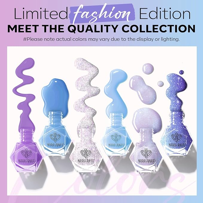 Modelones Nail Polish, 6 Colors 2025 Spring Summer Baby Blue Purple Nail Polish Set Shimmer Glitter Sliver Fast Drying Mini Nail Lacquer Kit Finger Manicure DIY Nail Art Home Salon Gift for Women Girl