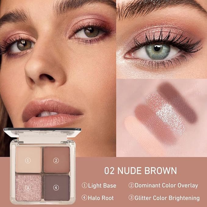 Eyeshadow Quads Glitter Matte Eyeshadow Palette,Nude Coffee Champagne Gold Dark Brown Sparkly Eyeshadow Palette Makeup, Everyday Nature Long-Lasting Waterproof Women Girls Eye Shadow 2# Nude Brown
