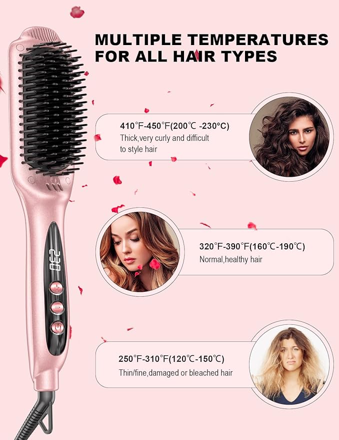 LANDOT Inoic Hair Straightener Brush for Smooth, Frizz-Free Results - Electric Heated Ceramic Straightening Brush Dual Voltage - Fast Heating Adjust Temp 250-450F for All Hair Types