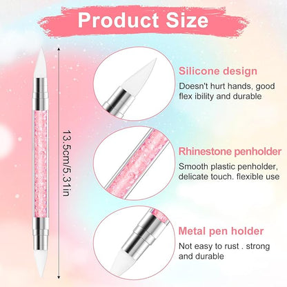 3 Pcs Nail Art Sculpture Pen, Dual Tipped Silicone Nail Tools, Silicone Head Acrylic Handle Nail Art Brushes for Design Nail Foil Carving Drawing Effect Shaping Drawing (Black, Pink, Royal Blue)