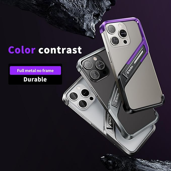 Lightweight Aluminum Alloy Shockproof Frame Case for iPhone 15 Pro Max Metal Bumper Cover with Hidden Stand (Purple)