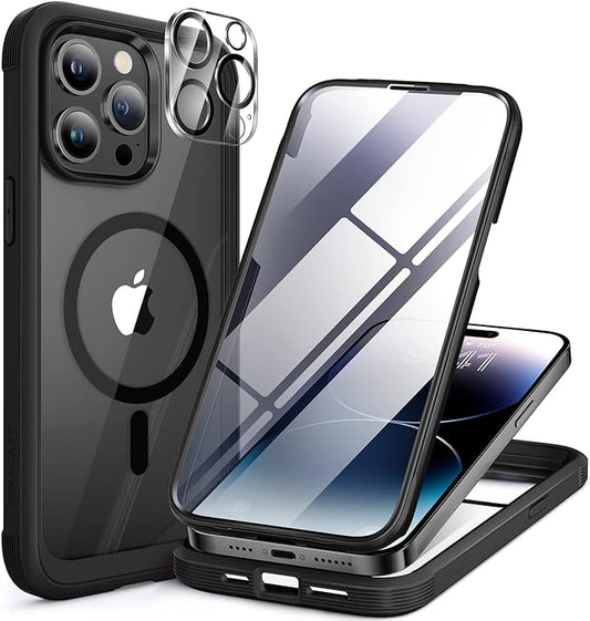 Miracase Glass Series Designed for iPhone 14 Pro Max Case 6.7 Inch, Upgrade Full-Body Magnetic Case with Built-in 9H Tempered Glass Screen Protector, with Camera Lens Protector, Magnetic Black