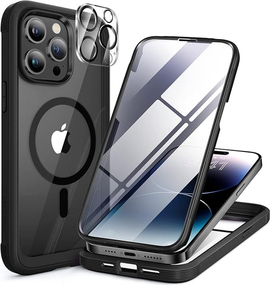 Miracase Magnetic for iPhone 14 Pro Case, [Compatible with MagSafe] [Built-in Tempered Glass Screen Protector] Full-Body Rugged Protective Case with Camera Lens Protector, Black