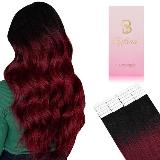Ombre Tape in Hair Extensions Human Hair,12inch 20 Pcs #T1B/99J Ombre Black to Burgundy Human Hair Extensions,Straight Silky 40g Seamless Invisible Remy Tape ins for Women Girls
