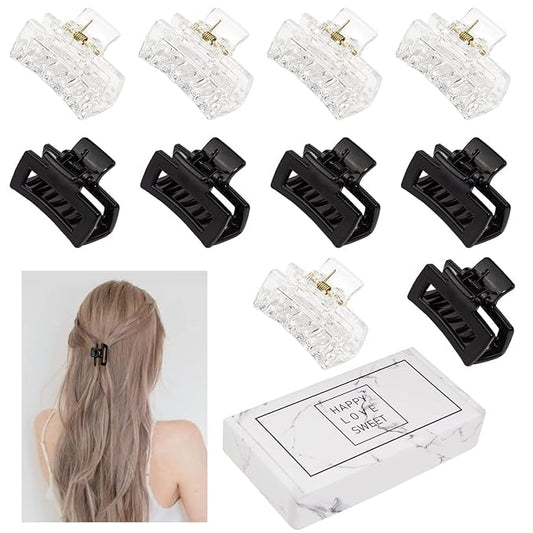 Cobinaan Small Claw Hair Clips for Women Girls, 10 Pieces 1.5 Inch Mini Hair Jaw Clips for Thin/Medium Thick Hair, Matte Rectangle Nonslip Clip with Gift Box (Black+clear color series)