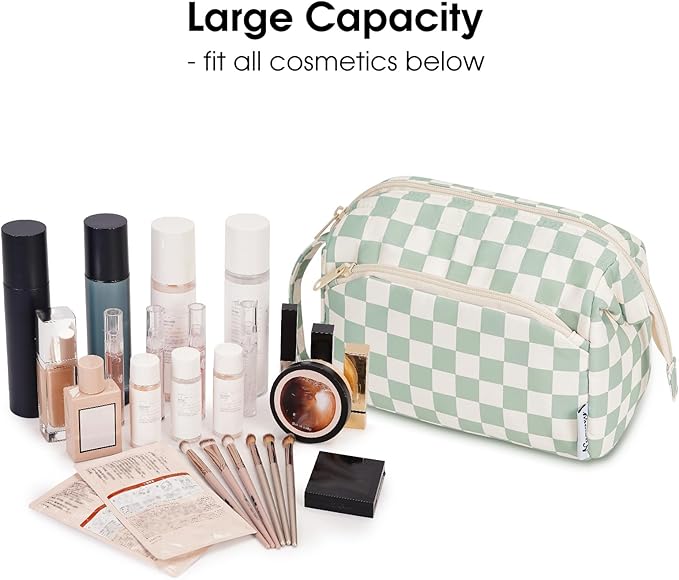 Narwey Checkered Makeup Bag Women Wide-open Make up Bag Travel Cosmetic Bag Organizer Toiletry Bag for Cosmetics Toiletries Accessories (Mint Green Checkerboard)
