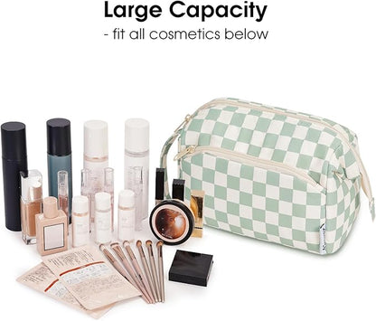 Narwey Checkered Makeup Bag Women Wide-open Make up Bag Travel Cosmetic Bag Organizer Toiletry Bag for Cosmetics Toiletries Accessories (Mint Green Checkerboard)