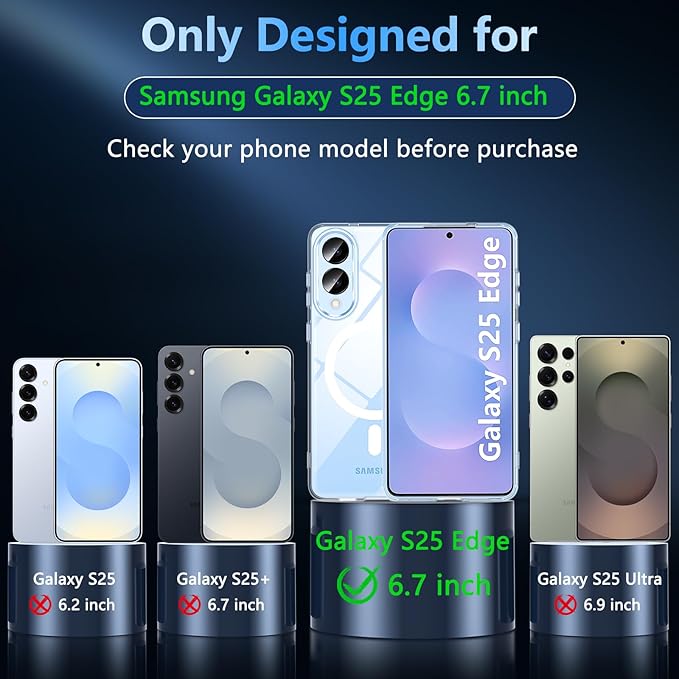 OWKEY for Samsung Galaxy S25 Edge Case 6.65'',Magnetic S25 Edge Case for Magsafe with Tempered Glass Screen, [Shockproof Military] Transparent Back Slim Bumper Cover Phone Case Galaxy s25 Edge,Clear
