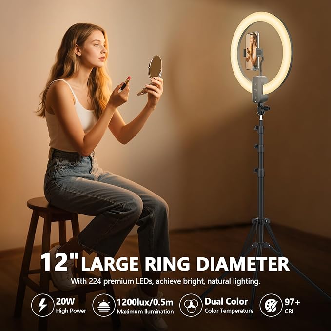 12" Selfie Ring Light with 63" Tripod Stand/Phone Holder, QEUOOIY 20W LED Circle Lights Dimmable 3000-6500K with Remote Control and Built-in Rechargeable Battery for Vlog, Makeup, YouTube, Camera