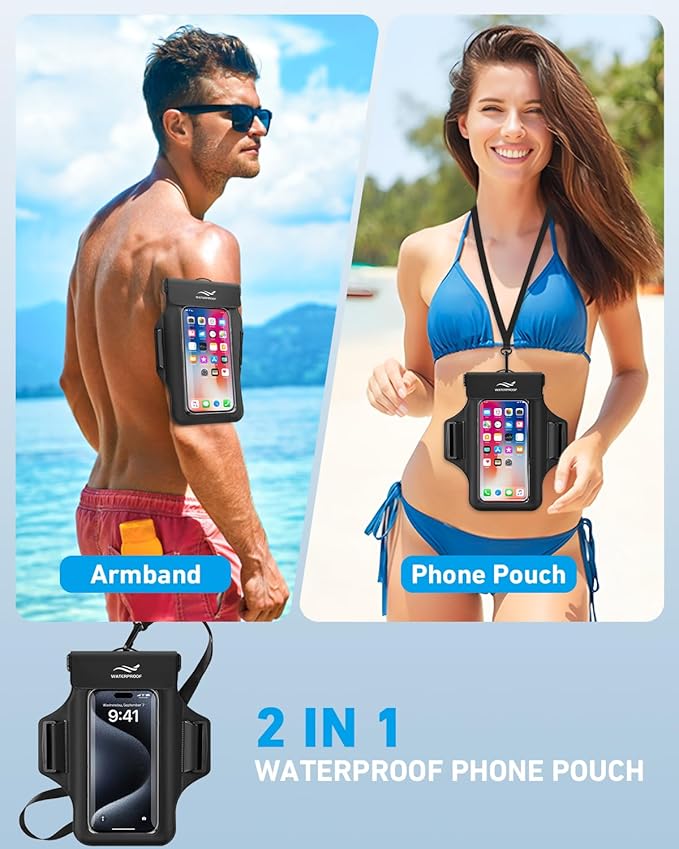 2-in-1 Underwater Waterproof Phone Pouch &Phone Armband for Phones up to 6.7", IPX8 Floating Waterproof Phone Case with Detachable Strap, Dry Bags Waterproof, Beach Vacation Essentials