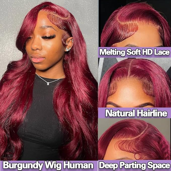 28 Inch 99j Burgundy Lace Front Wigs Human Hair Dark Shade 13x4 HD Lace Body Wave Burgundy Wig Human Hair Pre Plucked 180 Density Full Frontal with Natural Hairline Dark Tone Body Wave