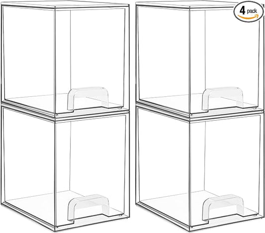 Vtopmart 7.6" H Clear Stackable Storage Drawers, 4 Pack Plastic Organizers Bins for Skincare, Cosmetics,Beauty Supplies,Ideal for Vanity, Bathroom,Kitchen Countertop,Cabinet Organization