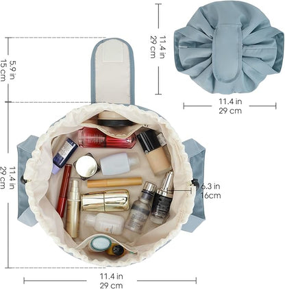 Narwey Barrel Drawstring Makeup Bag Large Floral Cosmetic Bag Make up Bags Toiletry Bag Travel Bags for Toiletries Organizer for Women Gift for Teen Girls (Greyish Blue) (Patent)