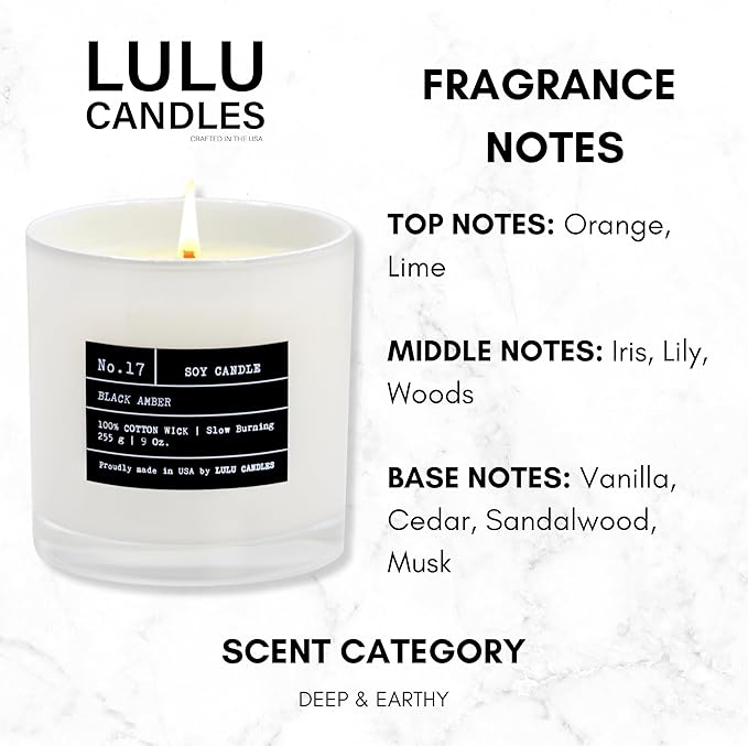 Lulu Candles | Black Amber | Luxury Scented Soy Jar Candle | Hand Poured in The USA | Highly Scented & Long Lasting (9 Oz.)