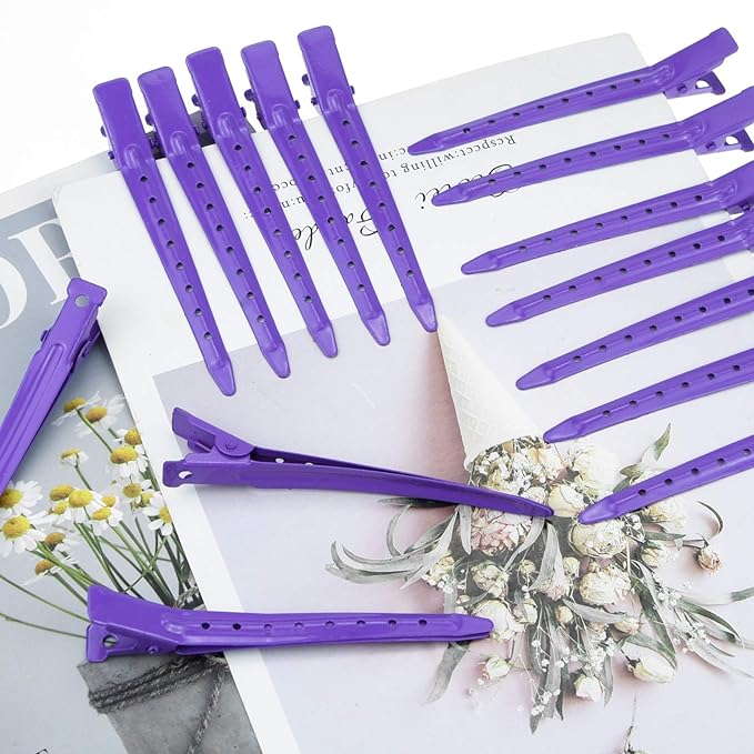 24 Packs Duck Bill Clips, Bantoye 3.35 Inches Rustproof Metal Alligator Curl Clips with Holes for Hair Styling, Hair Coloring, Purple