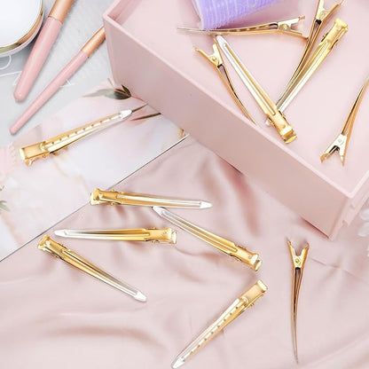 24 Packs Duck Bill Clips, Bantoye 3.35 Inches Rustproof Metal Alligator Curl Clips with Holes for Hair Styling, Hair Coloring, Matte Gradient Gold
