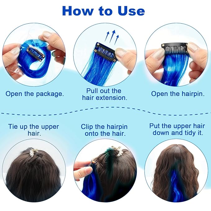 10 PCS Blue Clip-in Curly Wavy Synthetic Hair Extensions, Rainbow Neon Party Highlights, Colorful Hair Accessories for Kids, Girls, Women, 17 Inch