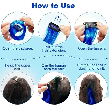 10 PCS Blue Clip-in Curly Wavy Synthetic Hair Extensions, Rainbow Neon Party Highlights, Colorful Hair Accessories for Kids, Girls, Women, 17 Inch