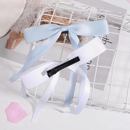 4 PCS Tassel Ribbon Bowknot Hair Clips With Long Tail for Women Girl Teens Kids, Solid Holder Fashion Bow Bowknot Hair Accessories Headwear Barrettes Claw(Blue&White)