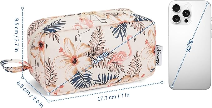 Narwey Small Makeup Bag for Purse Travel Makeup Pouch Mini Cosmetic Bag Zipper Pouch for Women (Beige Flamingo, Small)