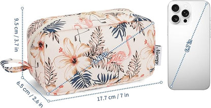 Narwey Small Makeup Bag for Purse Travel Makeup Pouch Mini Cosmetic Bag Zipper Pouch for Women (Beige Flamingo, Small)