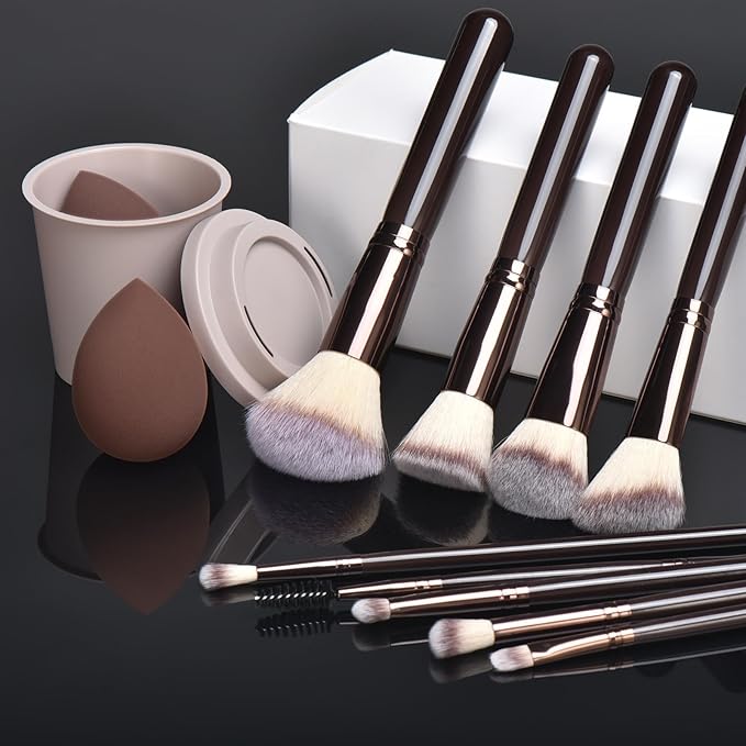 10Pcs Makeup Brush Set With Sponges And Drying/Storage Case，Best Gift For Women/Girls, Used For Powder, Foundation, Highlight, Eye Shadow, Concealer, Etc., Suitable For Beginners (Coffee 13pcs)