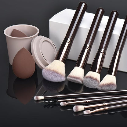 10Pcs Makeup Brush Set With Sponges And Drying/Storage Case，Best Gift For Women/Girls, Used For Powder, Foundation, Highlight, Eye Shadow, Concealer, Etc., Suitable For Beginners (Coffee 13pcs)