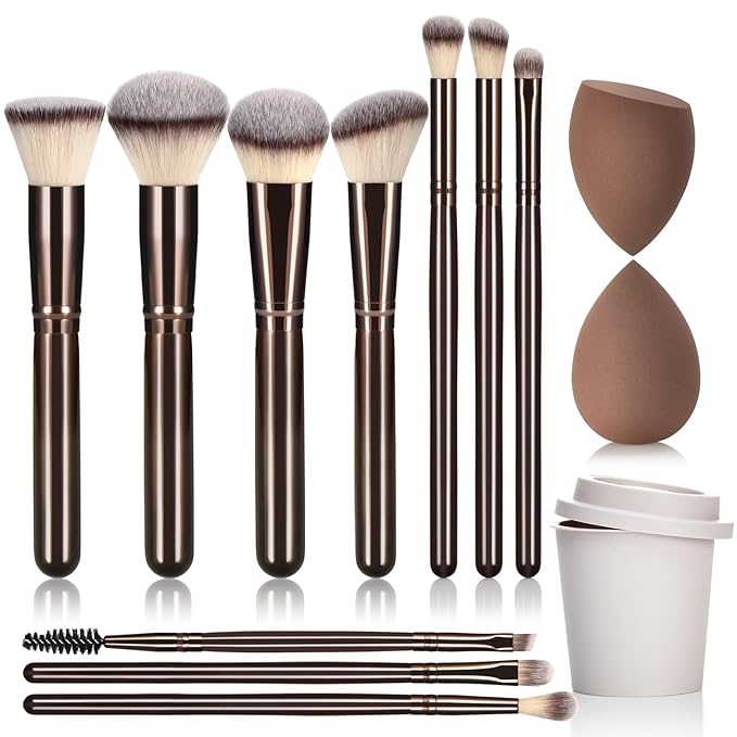 10Pcs Makeup Brush Set With Sponges And Drying/Storage Case，Best Gift For Women/Girls, Used For Powder, Foundation, Highlight, Eye Shadow, Concealer, Etc., Suitable For Beginners (Coffee 13pcs)