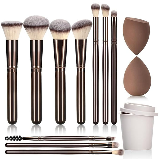10Pcs Makeup Brush Set With Sponges And Drying/Storage Case，Best Gift For Women/Girls, Used For Powder, Foundation, Highlight, Eye Shadow, Concealer, Etc., Suitable For Beginners (Coffee 13pcs)