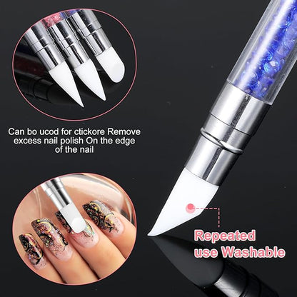 3 Pcs Nail Art Sculpture Pen, Dual Tipped Silicone Nail Tools, Silicone Head Acrylic Handle Nail Art Brushes for Design Nail Foil Carving Drawing Effect Shaping Drawing (Black, Pink, Royal Blue)