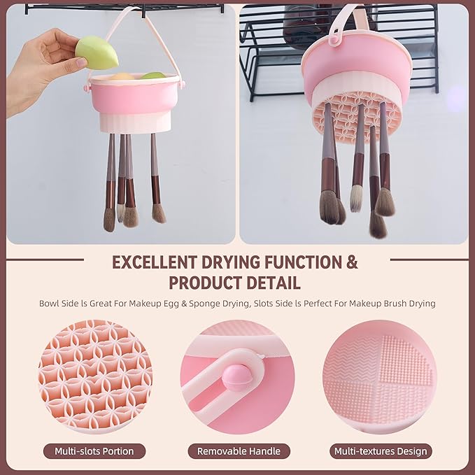 ADETON Makeup Brush Cleaner Mat, Pink 3 in 1 Silicone Make Up Brushes and Tools Cleaning Bowl, Pad, Drying Rack, Organizer Storage Holder, Cosmetic Brushes and Sponge Cleansing (C - PINK)