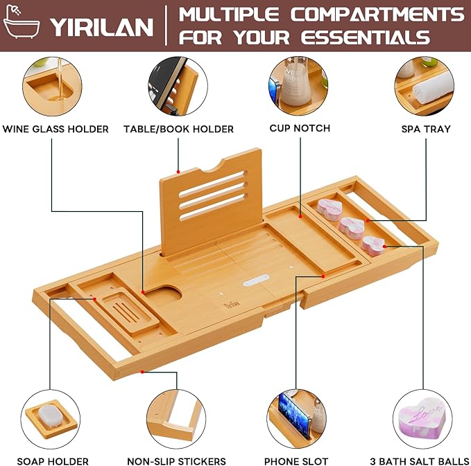 Yirilan Lux Expandable Bathtub Tray Caddy with 3 Bath Bombs-Self Care and Relaxation Birthday Gifts for Women and Men, Housewarming Gift Idea, for Mom Sister Daughter Wife