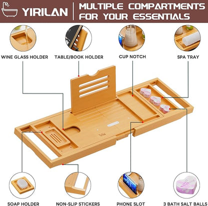Yirilan Lux Expandable Bathtub Tray Caddy with 3 Bath Bombs-Self Care and Relaxation Birthday Gifts for Women and Men, Housewarming Gift Idea, for Mom Sister Daughter Wife