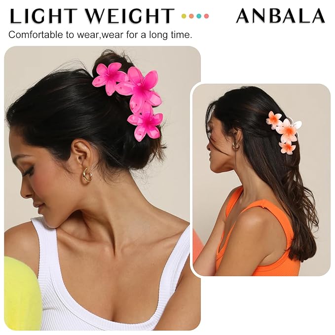ANBALA 4PCS Hair Clips Flower Hair Clips for Women Large Claw Clips for Thick Hair Strong Hold Non-slip Hawaii Flower Hair Clip for Women Girls (Colorful)