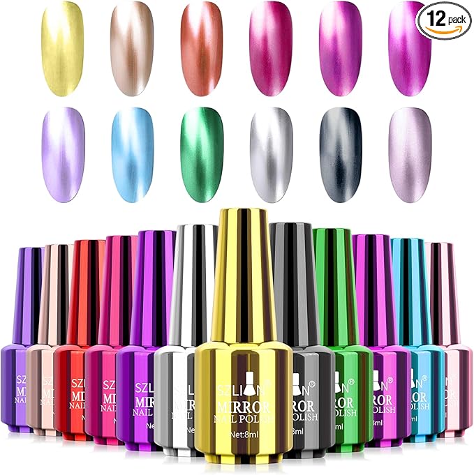 Ownest 12 Colors Mirror Nail Polish Set, Mirror Effect Long Lasting Gorgeous Glossy Manicure Nail Art Decoration, Brilliant Manicure Effect Nail Lacquers Kit-12pcs
